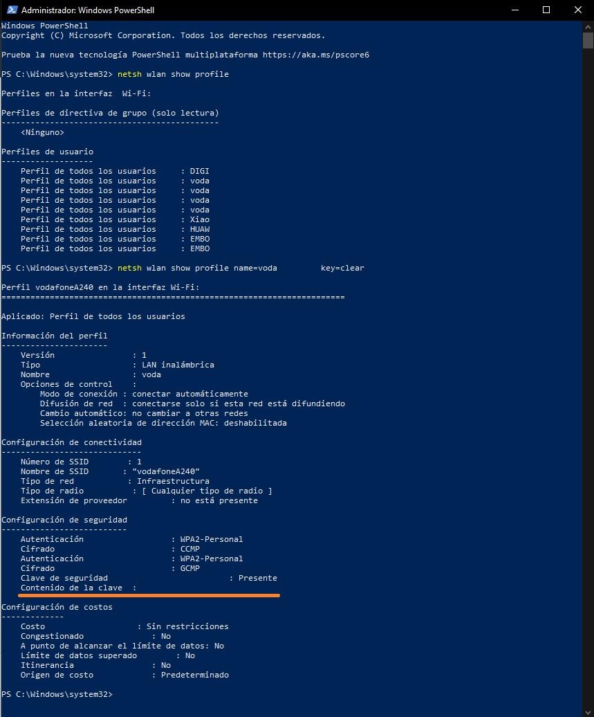 ver clave wifi powershell