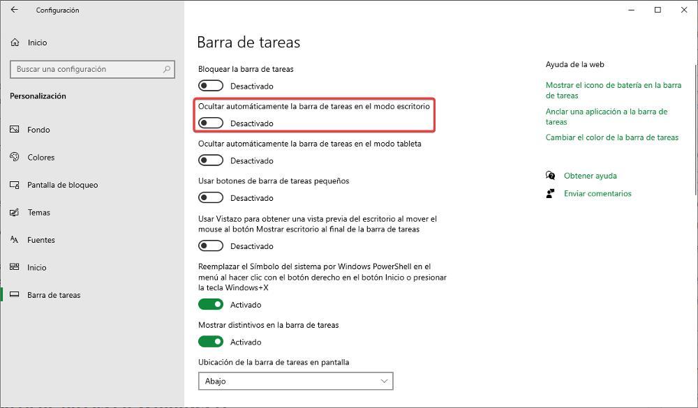 Ocultar barra de tareas de Windows 10