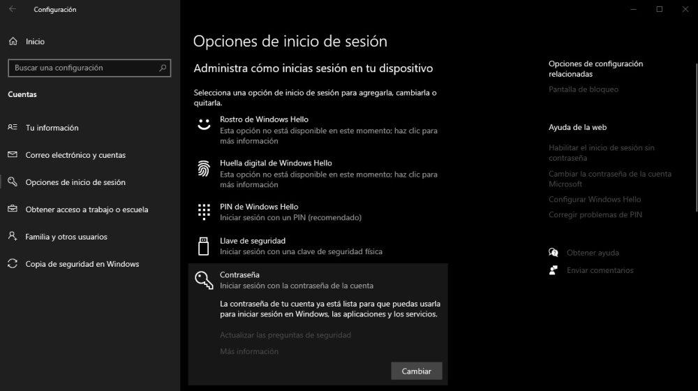 cambiar contraseña windows 10