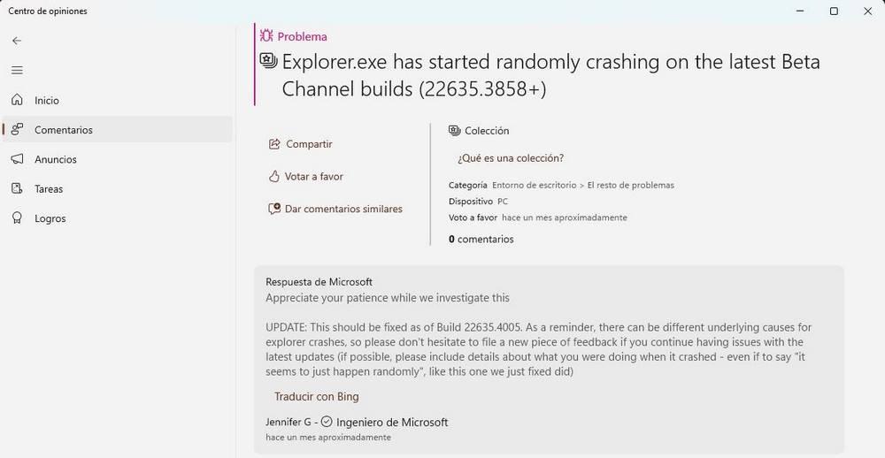 Centro Opiniones Windows 11 - Error Explorer