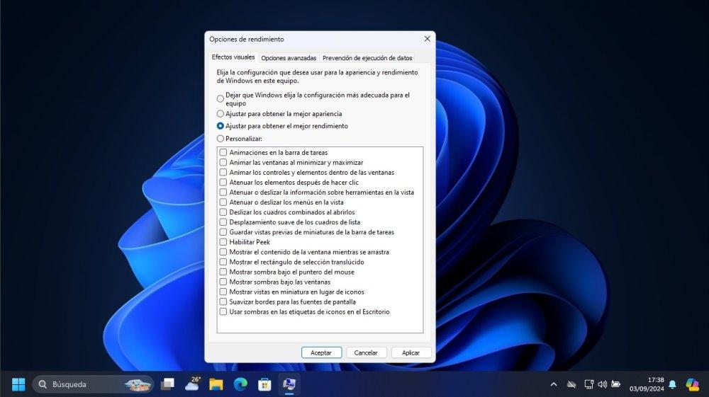 ajustar rendimiento apariencia visual windows 11