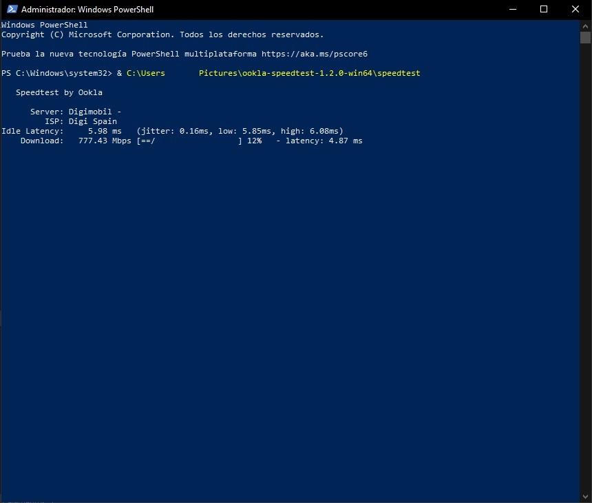 como medir velocidad internet comando powershell