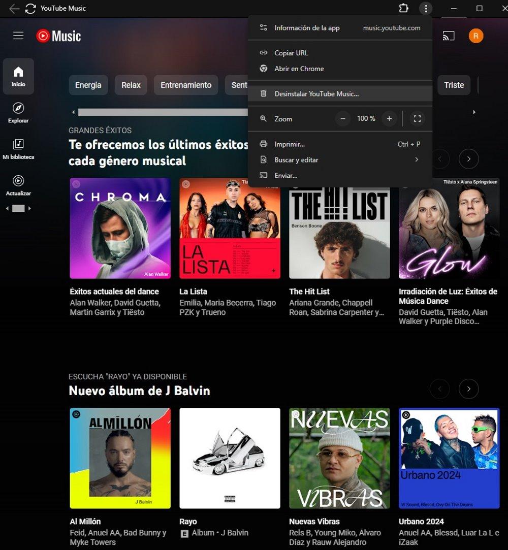 desinstalar youtube music google chrome