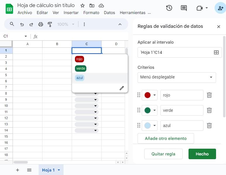 menu desplegable google sheets