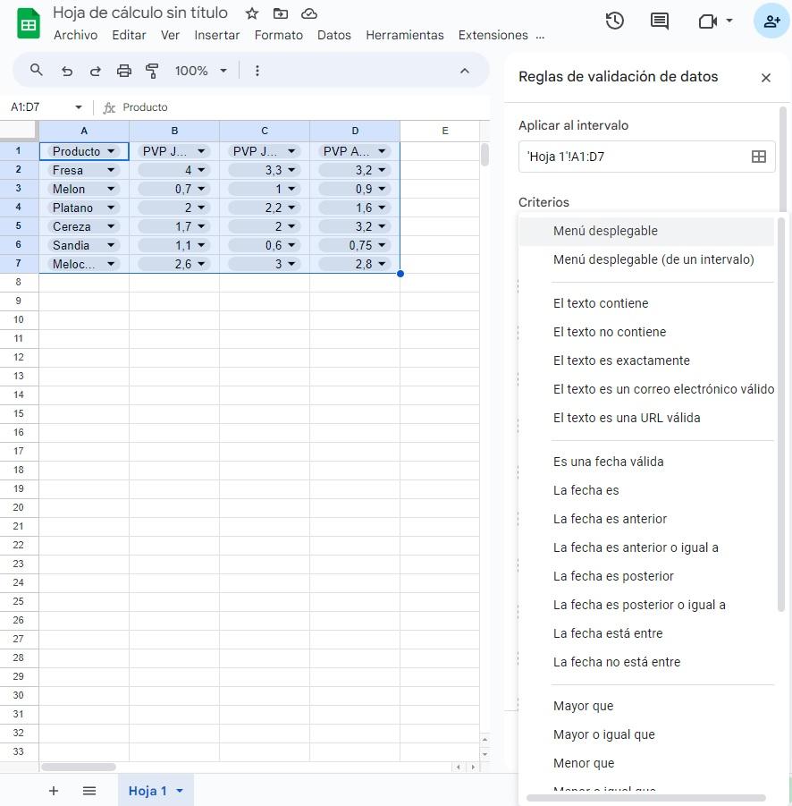 validacion datos google sheets