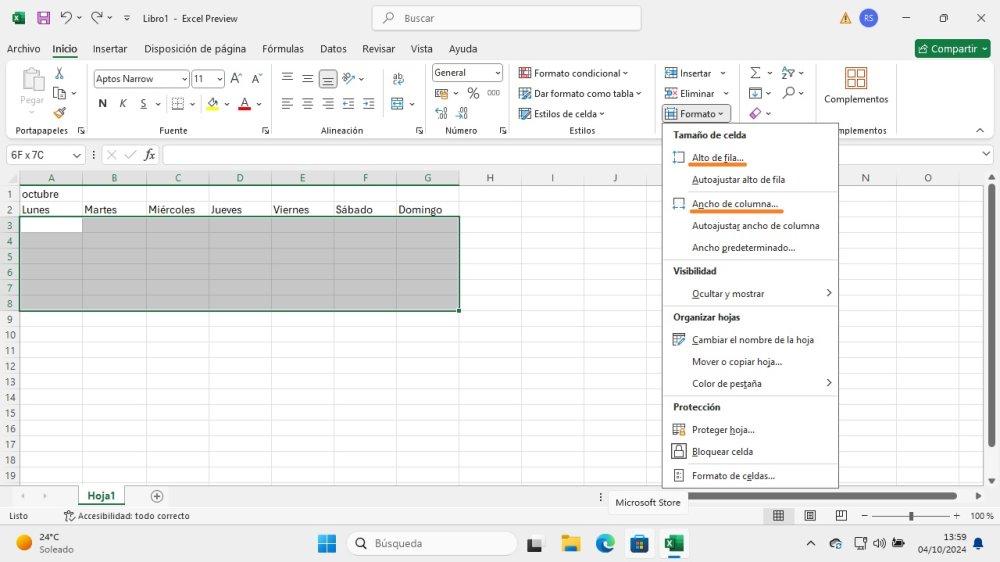 crear calendario cero excel alto ancho celdas