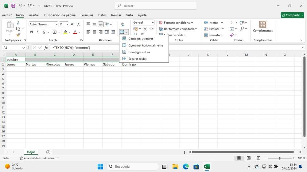 crear calendario cero excel combinar celdas