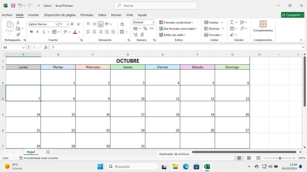 crear calendario cero excel maquetado final