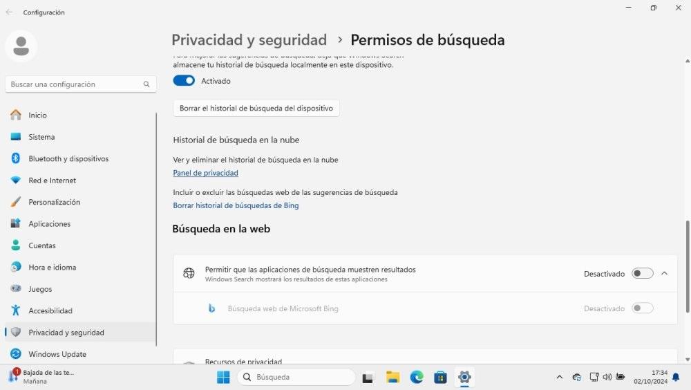 desactivar busqueda web buscador windows 11