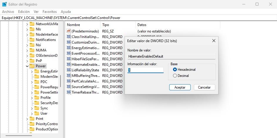 habilitar hibernacion registro windows 11