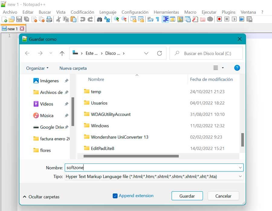 notepad plus plus guardar archivo HTML