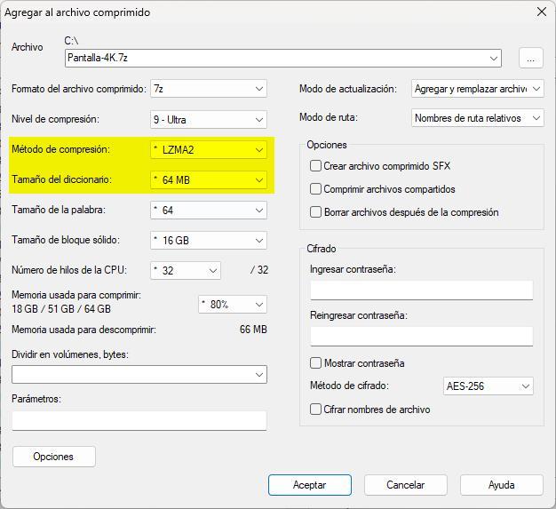 7-Zip tamaño diccionario