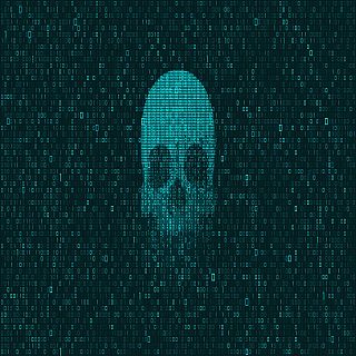 Una calavera hecha de pixeles verde fosforito sobre un fondo oscuro