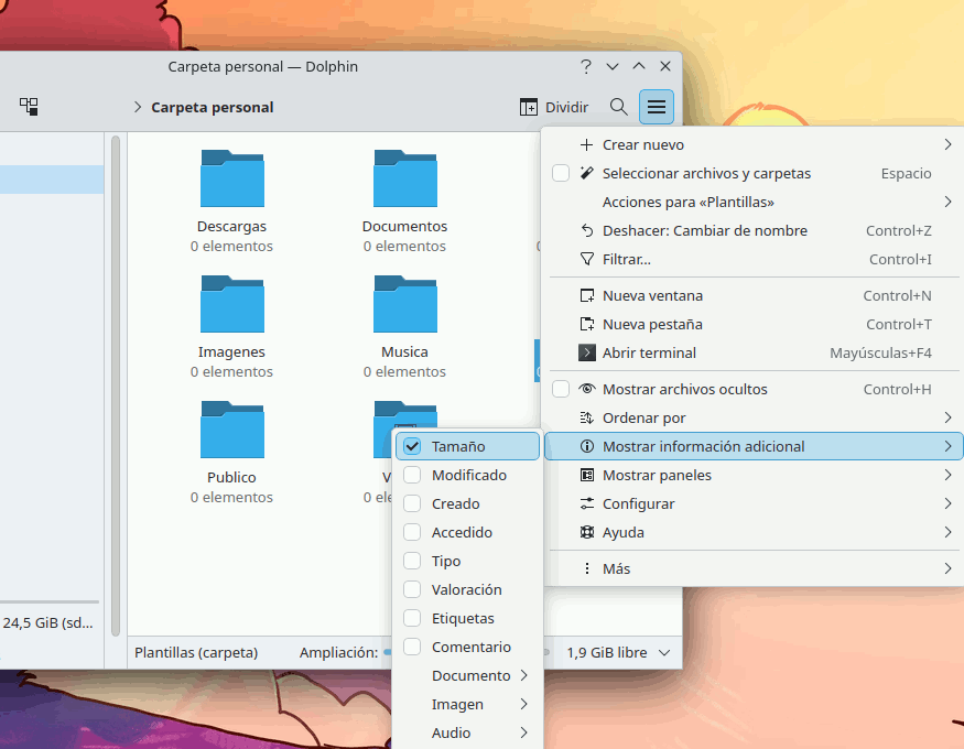 Cómo ver el tamaño de los archivos en la vista de icono en Dolphin, Nautilus y Nemo