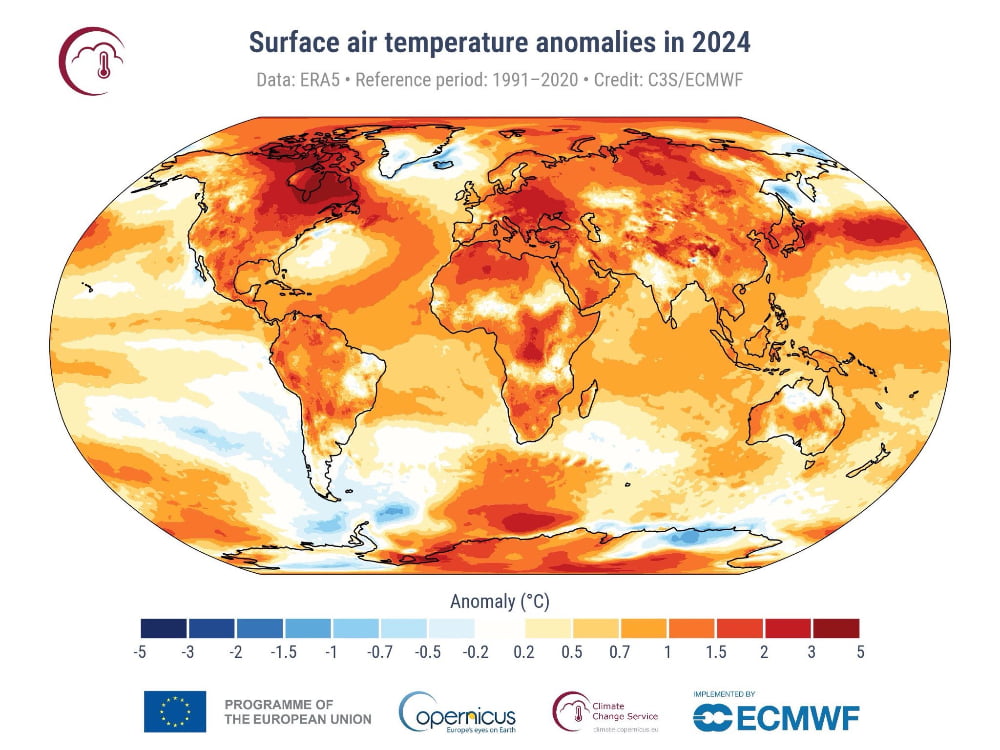 2024 fue el año más cálido desde que tenemos datos y el primero en superar el límite de 1,5 °C del Acuerdo de París de 2015