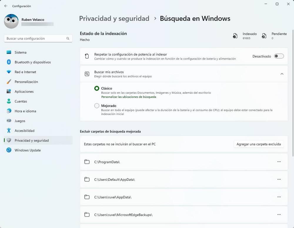 Configurar índice buscador Windows 11