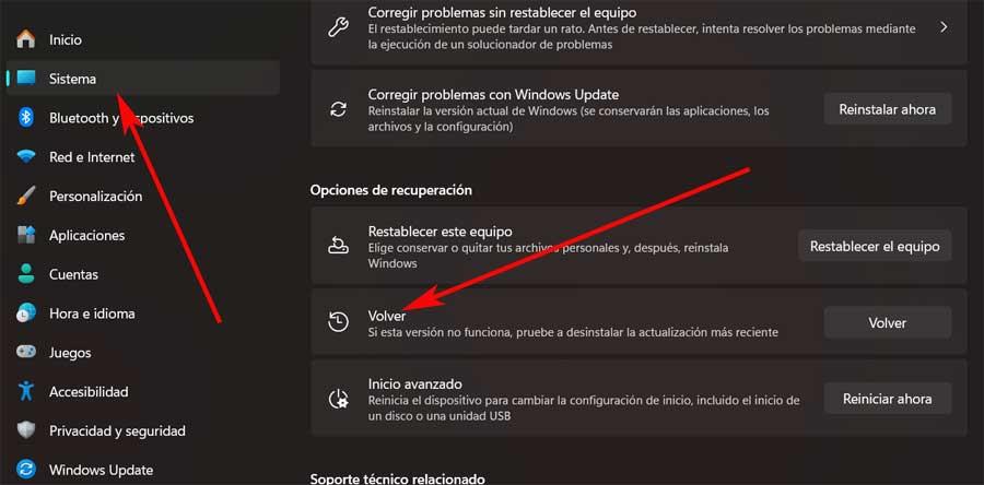 configuración Windows volver