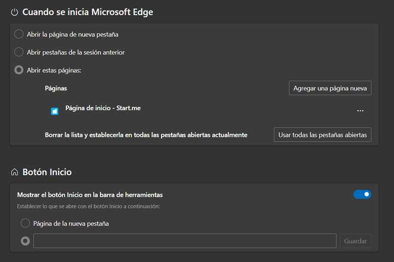 inicio pestañas edge