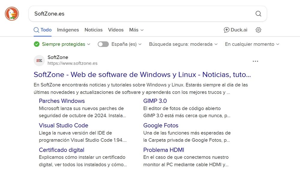 Captura de pantalla del buscador DuckDuckGo, rival de Google.
