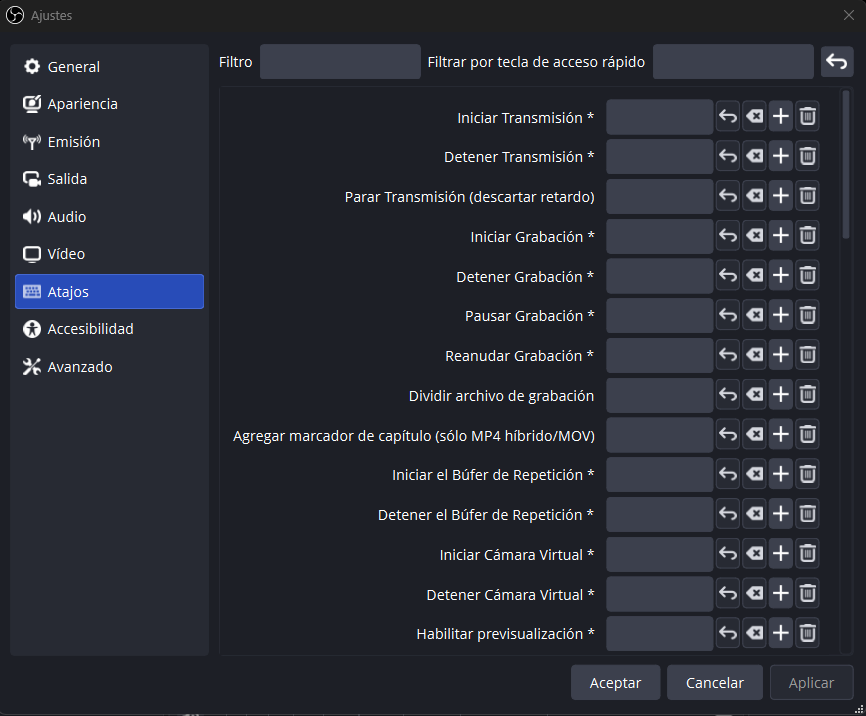 Panel de atajos de teclado de OBS