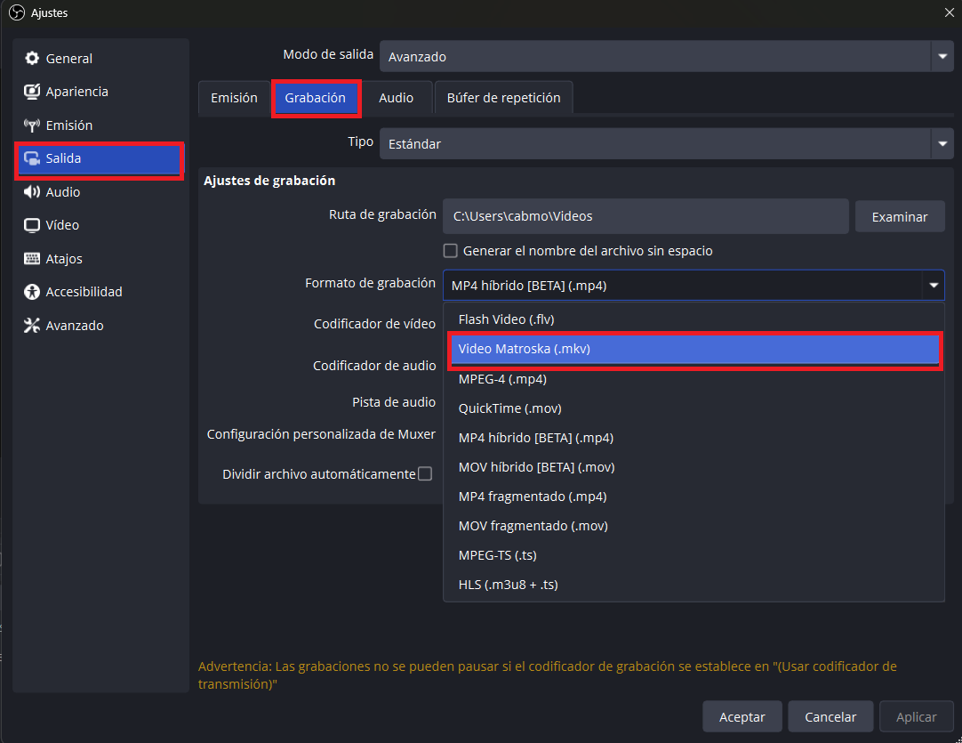 Cambiar formato de grabación