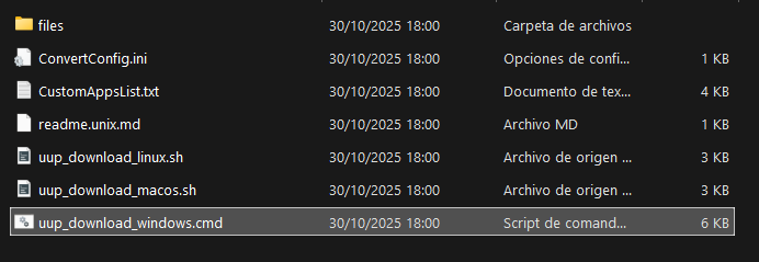 Carpeta extraída de la descarga de UUP