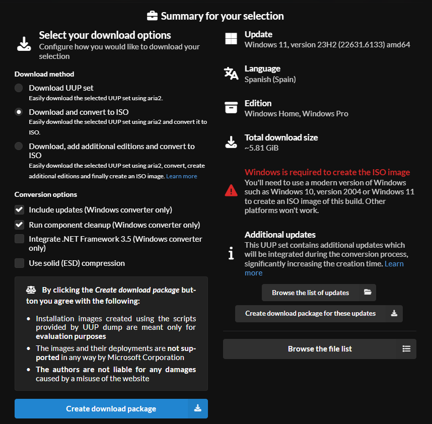 Casillas marcadas para descarga de 23H2