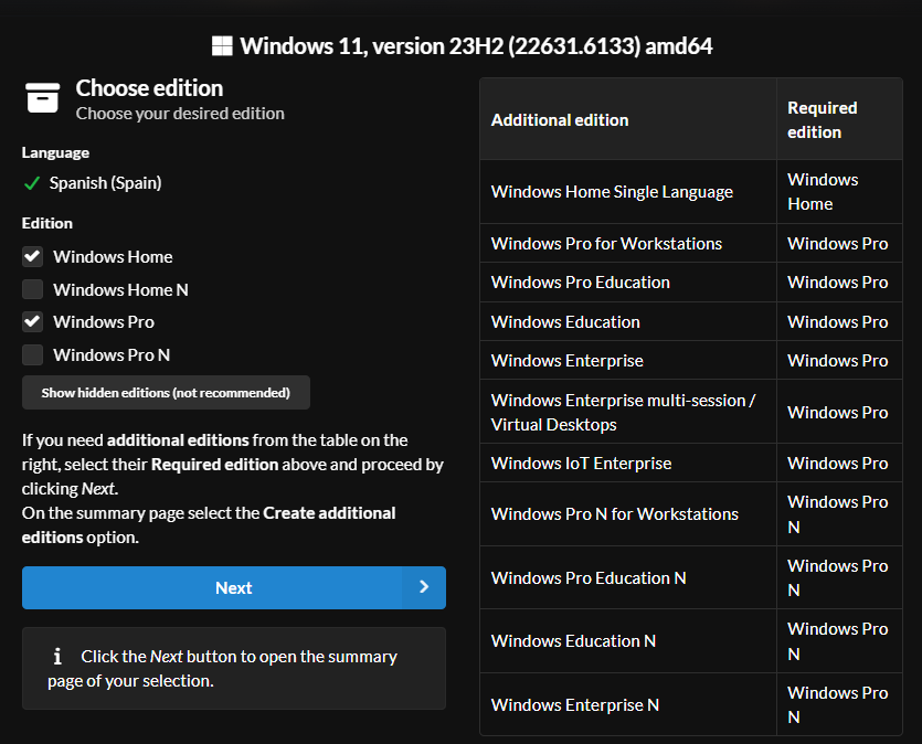 Ediciones de 23H2 en UUP dump