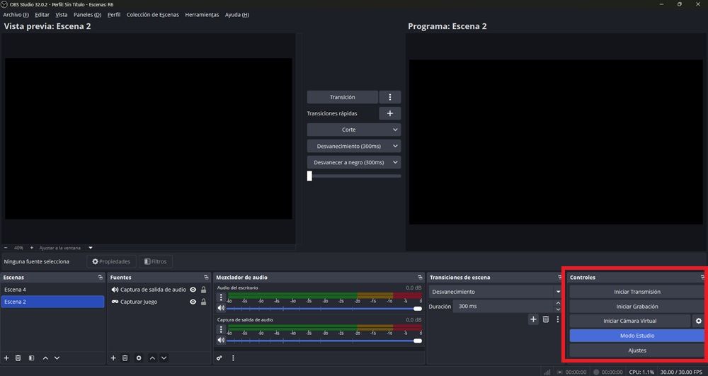 Modo estudio de OBS situado en la parte inferior derecha