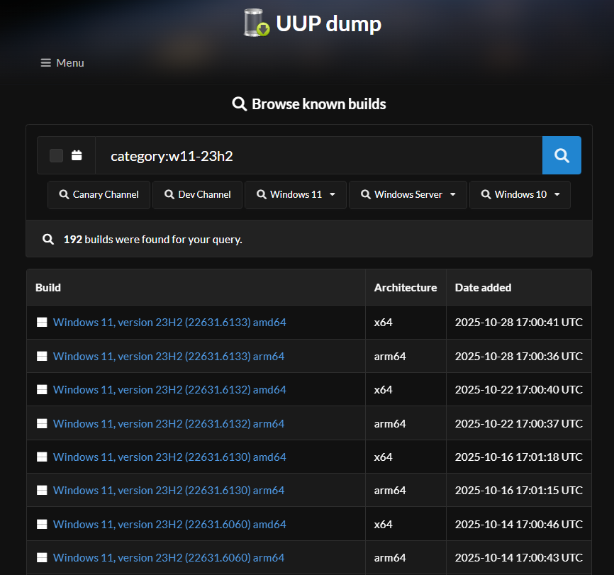 Interfaz de repositorio de Windows 11 23H2