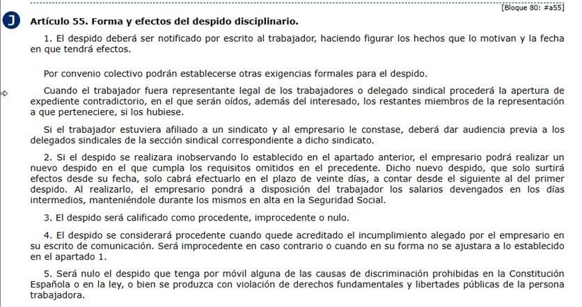 Artículo 55 del estatuto de los trabajadores donde se detalla la procedencia de los despidos.