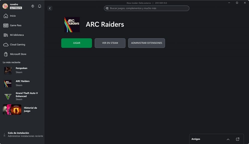 Página de un juego de Steam dentro de la app Xbox mostrando un espacio vacío donde debería estar la carátula o arte principal.