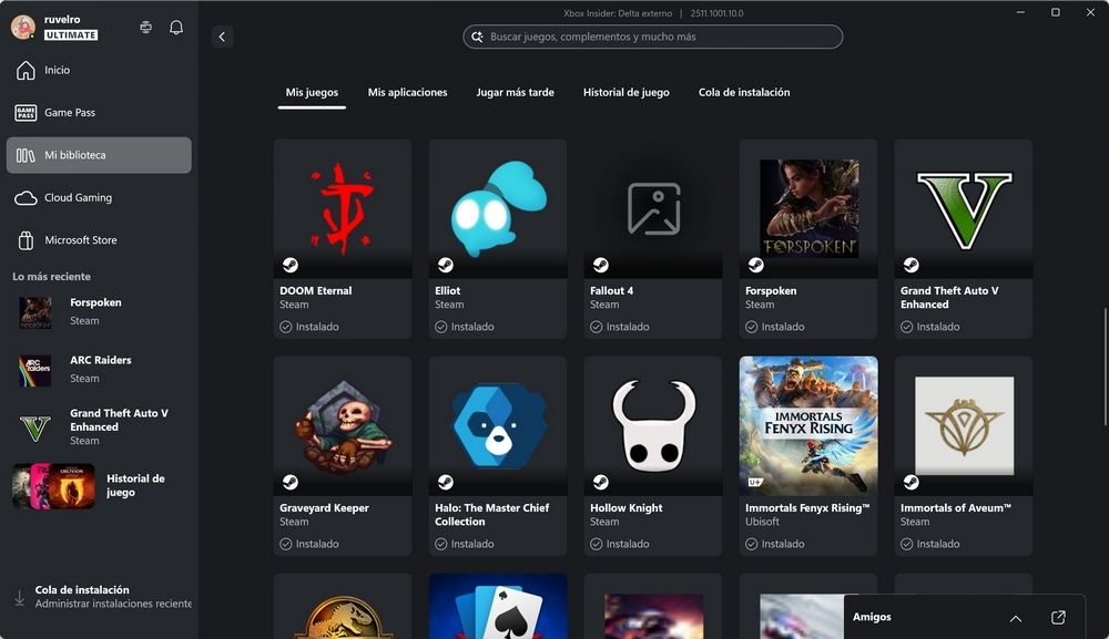Pantalla de la app Xbox mostrando la lista de juegos instalados de otras plataformas, listos para ejecutarlos.