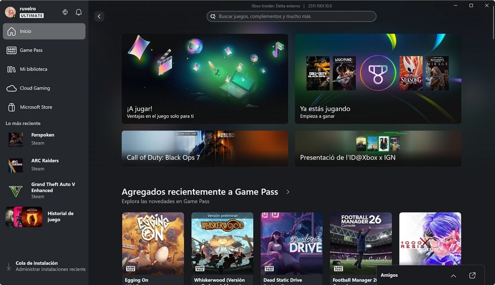 Interfaz de la aplicación Xbox en Windows 11 mostrando la biblioteca de juegos instalados recientemente, incluyendo títulos de Game Pass.