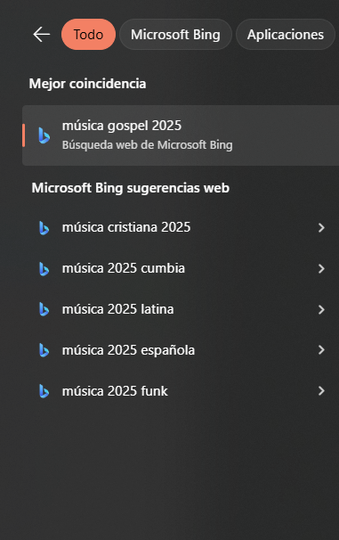 Resultados de Bing en el menú de inicio