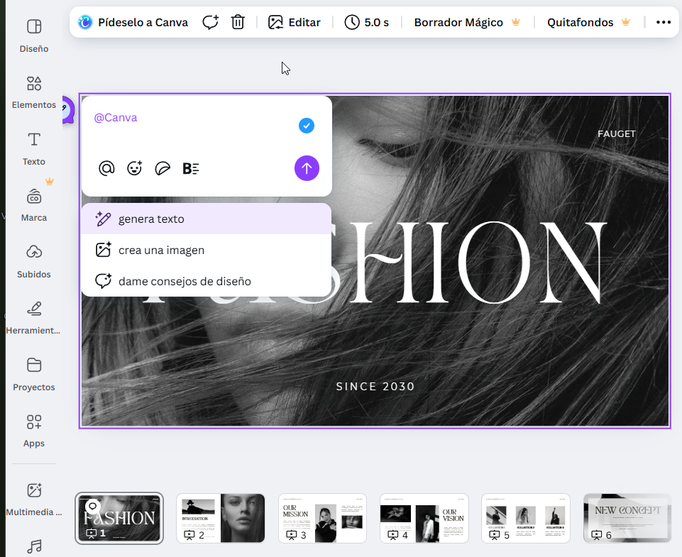 Estructura de diseño de presentación de Canva.