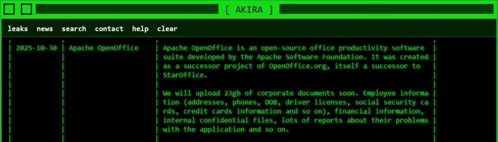 Captura de pantalla del presunto ataque masivo a OpenOffice y su reivindicación por parte del grupo Akira.