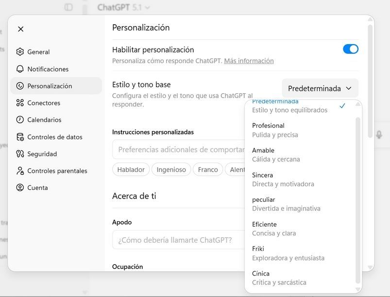 Menú de personalización de ChatGPT con los cinco nuevos estilos de conversación de GPT-5.1: Professional, Candid, Quirky, Nerdy y Cynical.
