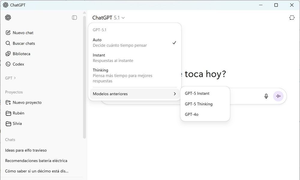 Interfaz de ChatGPT mostrando la selección entre los dos nuevos modelos: GPT-5.1 Instant, para respuestas rápidas, y GPT-5.1 Thinking, para razonamiento avanzado.