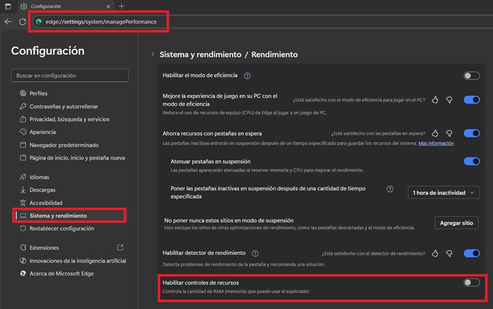 Ventana de ajustes del navegador