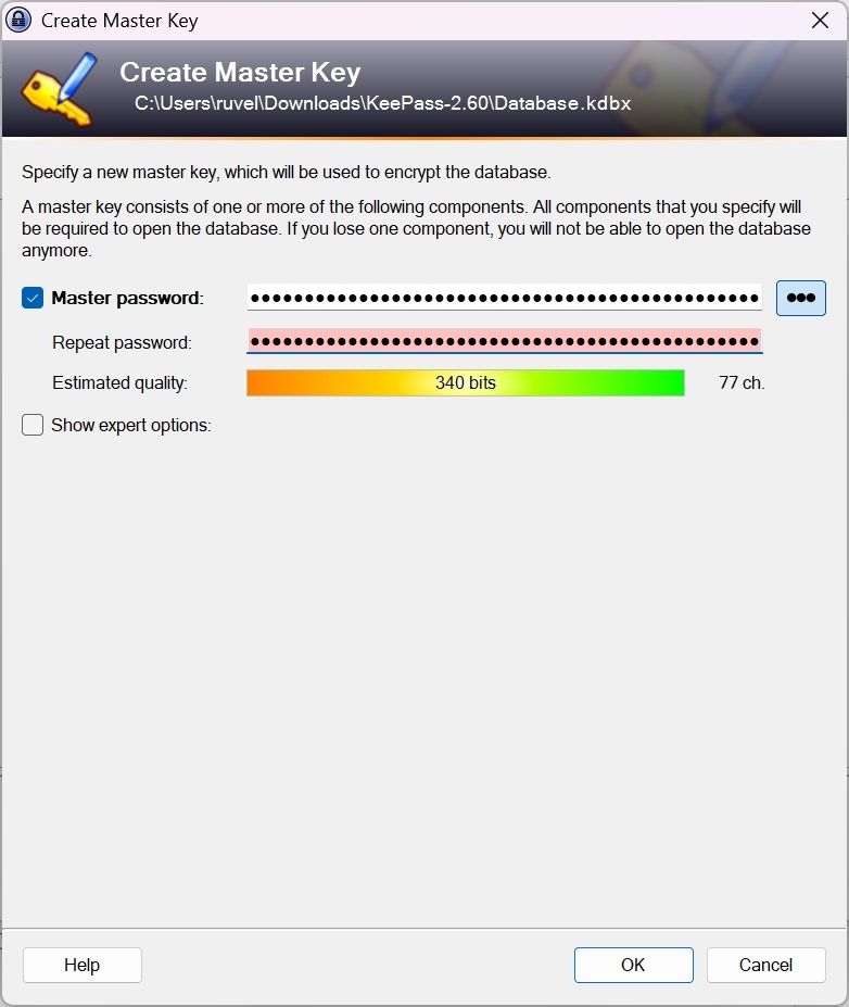 Ventana de creación de una nueva base de datos de contraseñas en la interfaz de KeePass 2.60, mostrando los campos de configuración de seguridad.