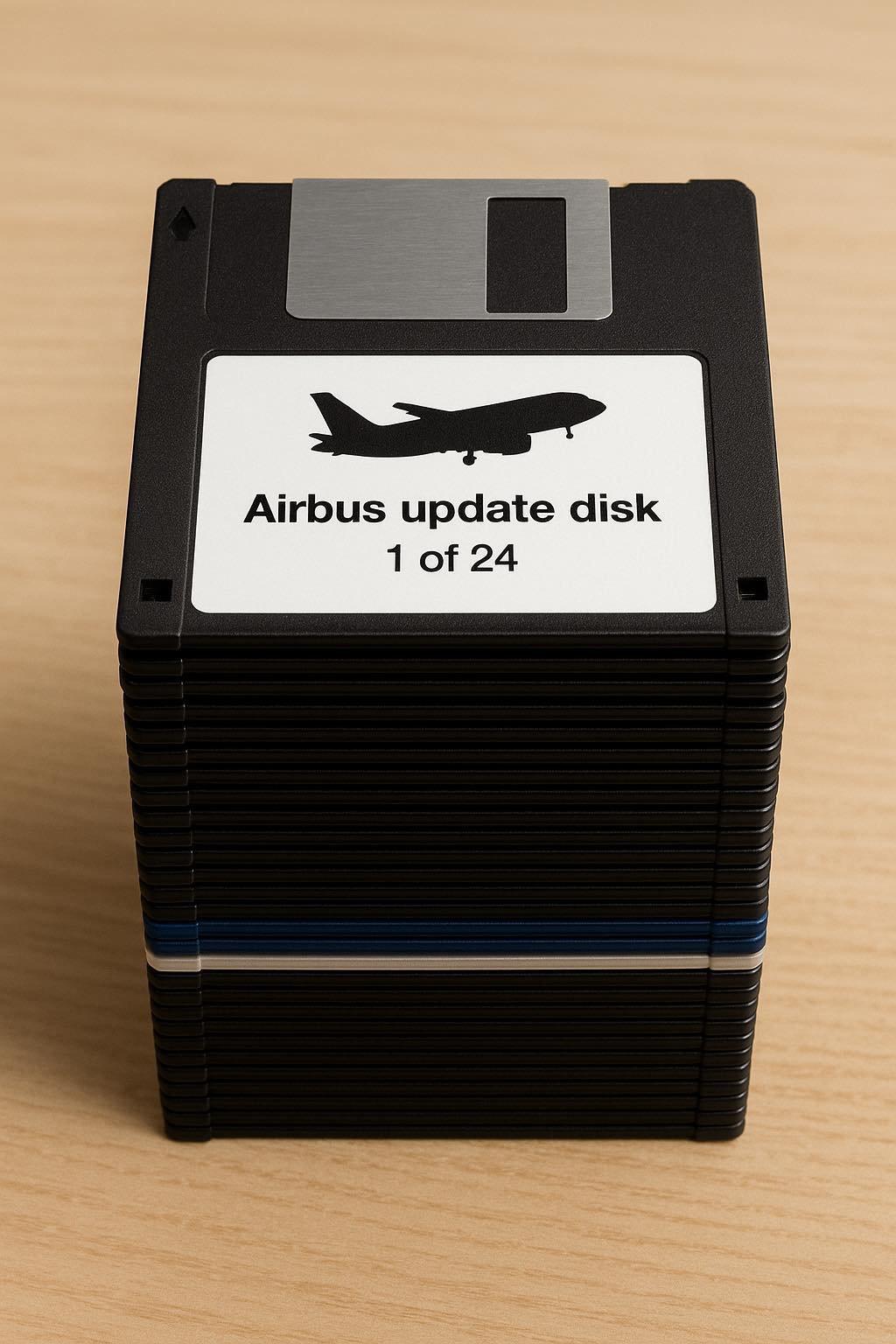 Una pila de diskettesd e 3,5 etiquetados Airbus