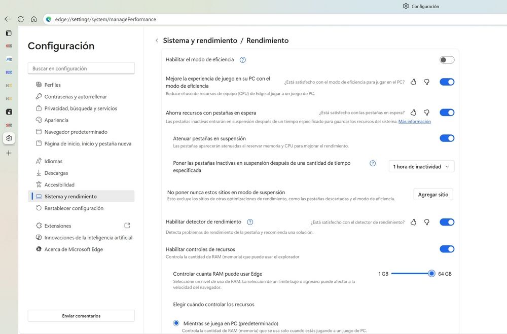 Panel de configuración de rendimiento en Microsoft Edge, donde se puede activar el modo de eficiencia y las pestañas durmientes.