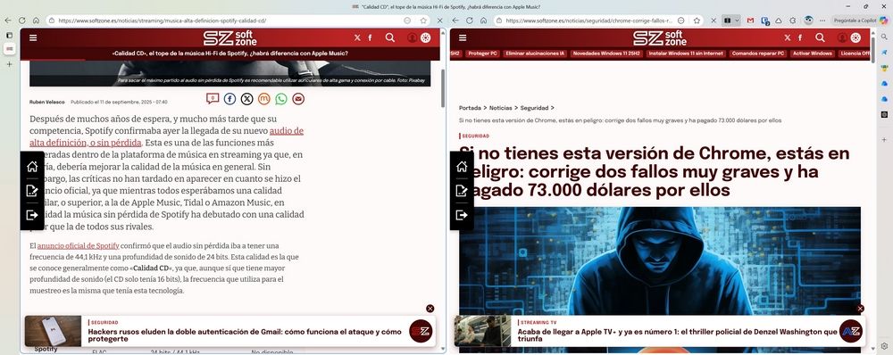 Captura de pantalla de la función de pantalla dividida nativa en el navegador Microsoft Edge.