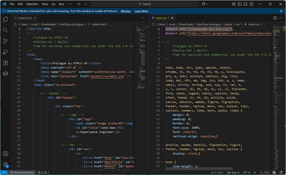 Ejemplo de código HTML de una plantilla de HTML5 UP abierto en el editor Visual Studio Code, mostrando etiquetas como section, header y p.