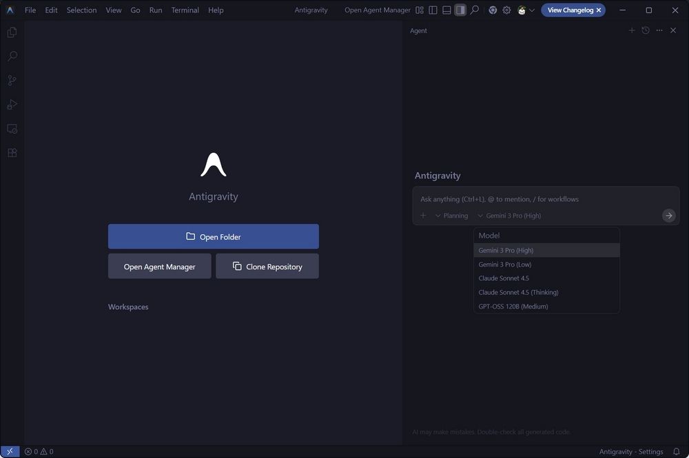 Menú de selección de modelos de Inteligencia Artificial en Google Antigravity, mostrando las opciones disponibles: Gemini 3 Pro, Claude 4.5 y GPT-OSS.