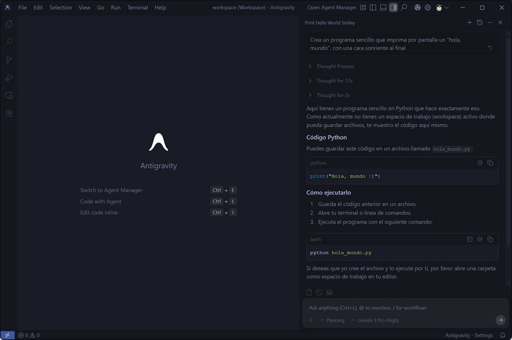 Ejemplo de código Python generado automáticamente por un agente IA en el editor Antigravity, con comentarios explicativos sobre la lógica implementada.