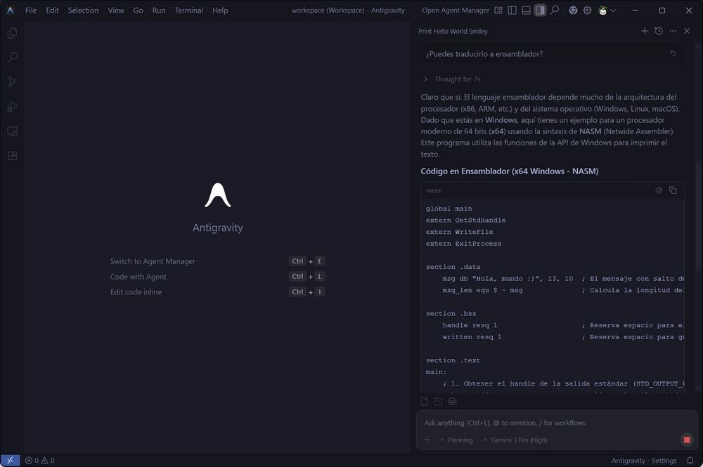 Ejemplo de código en ensamblador generado automáticamente por un agente IA en el editor Antigravity, con comentarios explicativos sobre la lógica implementada.