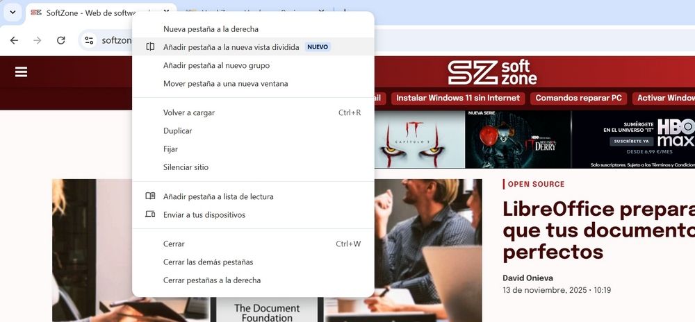 Menú contextual donde elegimos cuáles son las dos pestañas que queremos abrir a la vez en Google Chrome
