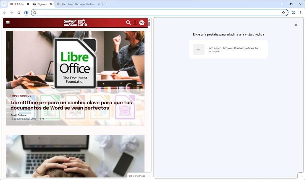 Google Chrome con dos pestañas abiertas a la vez: en una SoftZone, y la otra una lista para elegir cuál abrir.